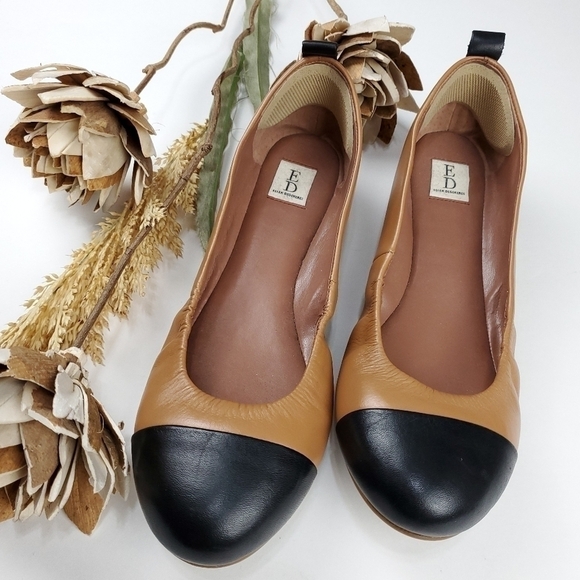 🔴  ED LOVE Lilliane2 Camel Black Cap Toe Flat 7.5w - Picture 9 of 13